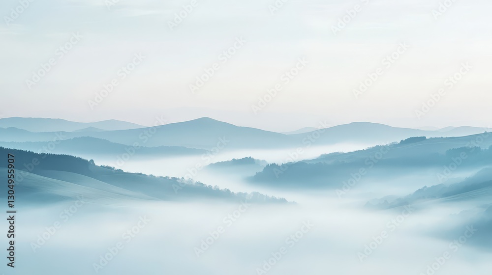 Soft foggy landscape with distant hills mist blending into a pale sky for stillness Soft foggy landscape with distant hills mist blending into a pale sky for stillness
