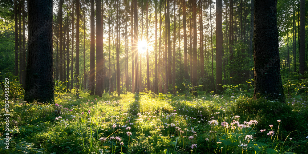 Obraz premium Serene forest sunrise, Tranquil nature landscape, Peaceful morning woodland, Sunlight through trees, Nature photography