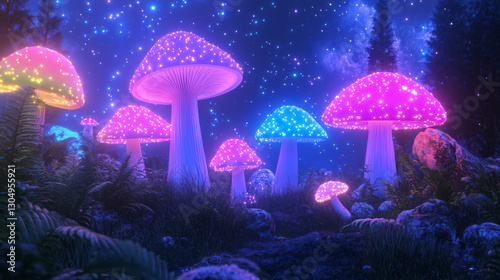 A dynamic digital painting capturing enigmatic fungi interlaced with vibrant quantum pulses, softly