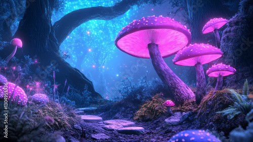 A dynamic digital painting capturing enigmatic fungi interlaced with vibrant quantum pulses, softly