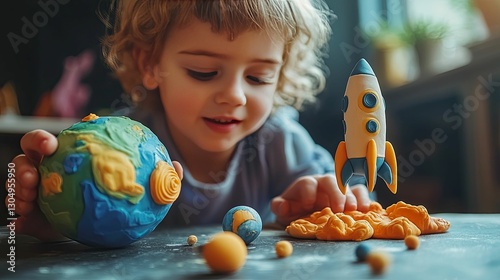 Child Playing With Clay Rocket And Planets