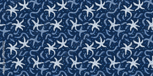Seamless marine pattern featuring starfish and swirls on a dark blue background. pattern marine