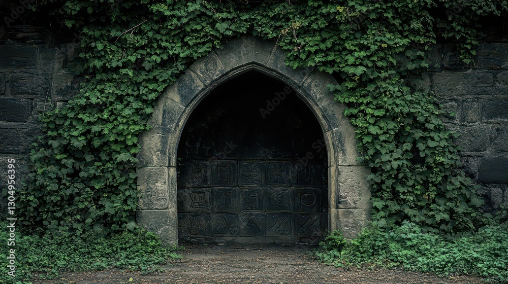 Haunting stone archway covered in ivy leading into an unknown void with glowing runes Haunting stone archway covered in ivy leading into an unknown void with glowing runes