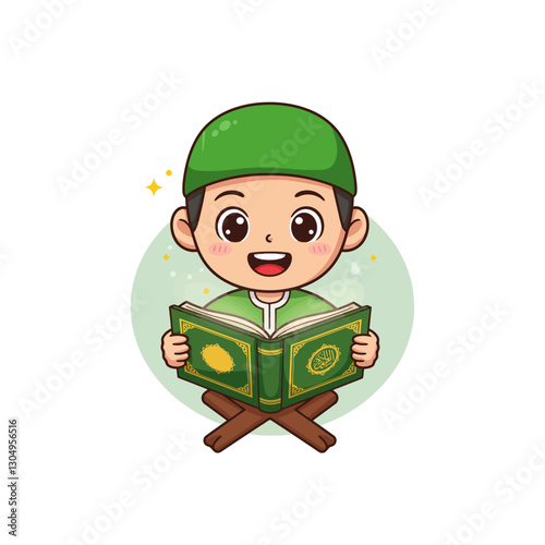 Cartoon Boy Reading Holy Book with Stand Illustration Design