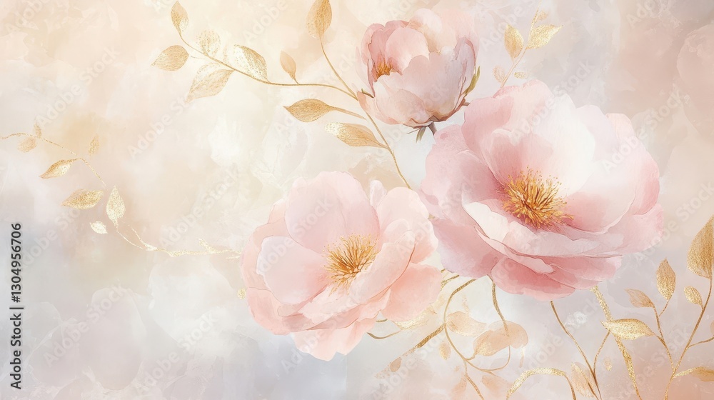Soft watercolor with blush peonies and golden vines glowing light diffused across the canvas Soft watercolor with blush peonies and golden vines glowing light diffused across the canvas
