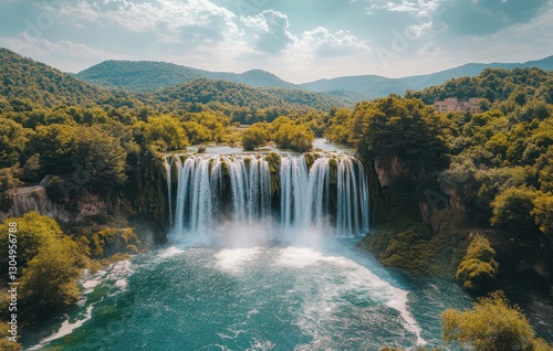 Majestic Waterfall Surrounded by Lush Green Forest and Rolling Hills Under a Bright Sky with Soft Clouds and Vibrant Blue Water Below