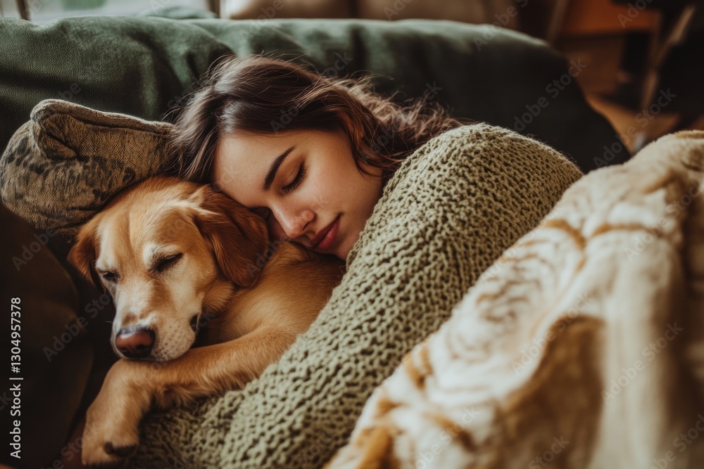 Cozy Woman Cuddling Dog on Couch in Loving Moment Cozy Woman Cuddling Dog on Couch in Loving Moment