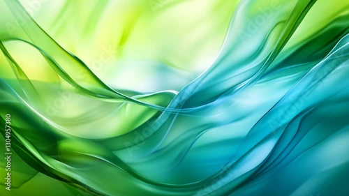 Fluid movement of green and blue waves creating a serene atmosphere in a modern abstract design