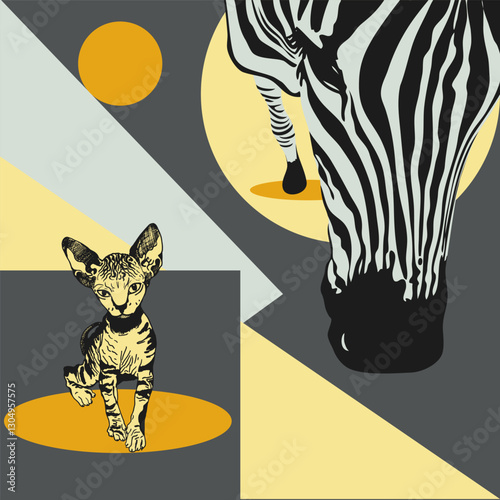 Modern Zebra Cat Sphynx Poster, Animal Background Vector