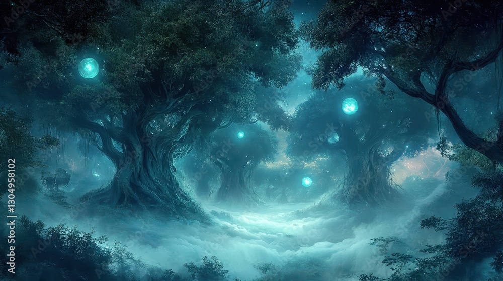 Obraz premium Magical forest with hovering trees glowing orbs and soft mist covering the forest floor