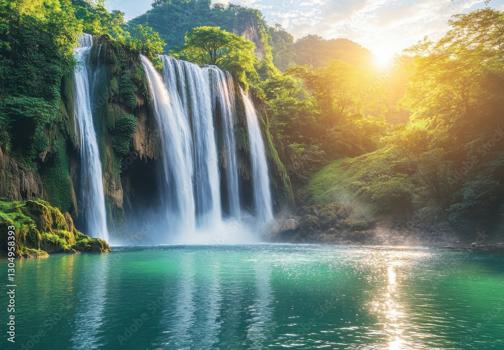 Fototapeta premium Majestic Waterfall Surrounded by Lush Green Forest, Illuminated by Stunning Sunrise with Reflections in Tranquil Lake in a Serene Natural Setting
