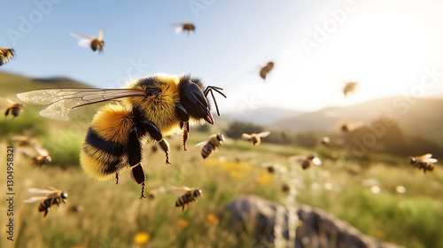 Flying bumble bee swarm in meadow, sunny hills backdrop. Stock image for nature, environment themes photo