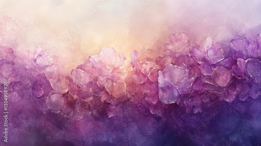 Fototapeta premium Floating crystal blossoms outlined in golden light blending into a watercolor sky
