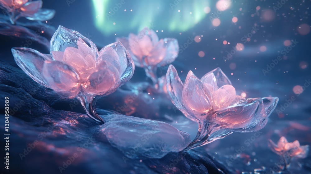 Obraz premium Ice-sculpted flowers growing on glowing vines bathed in soft light from a floating aurora