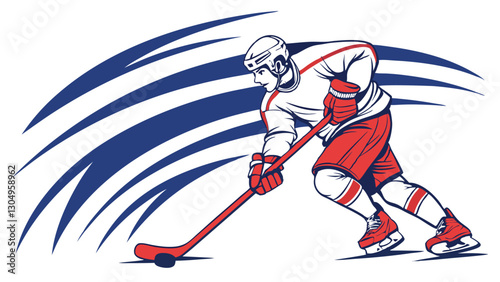 Dynamic ice hockey player in red and white uniform skating with hockey stick, vector sports illustration with speed motion effect
