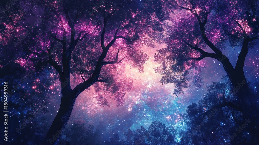 Surreal woodland where trees' galaxy-like leaves glow in deep blue and purple hues under a hand-painted starry sky Surreal woodland where trees' galaxy-like leaves glow in deep blue and purple hues under a hand-painted starry sky