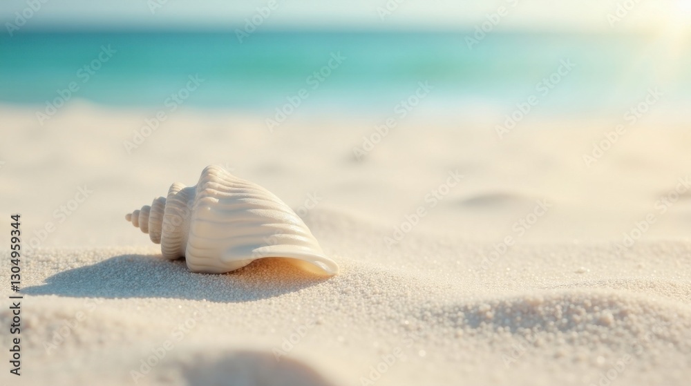 Seashell on a sun-kissed beach, ocean waves in the background, tranquil summer scene Seashell on a sun-kissed beach, ocean waves in the background, tranquil summer scene