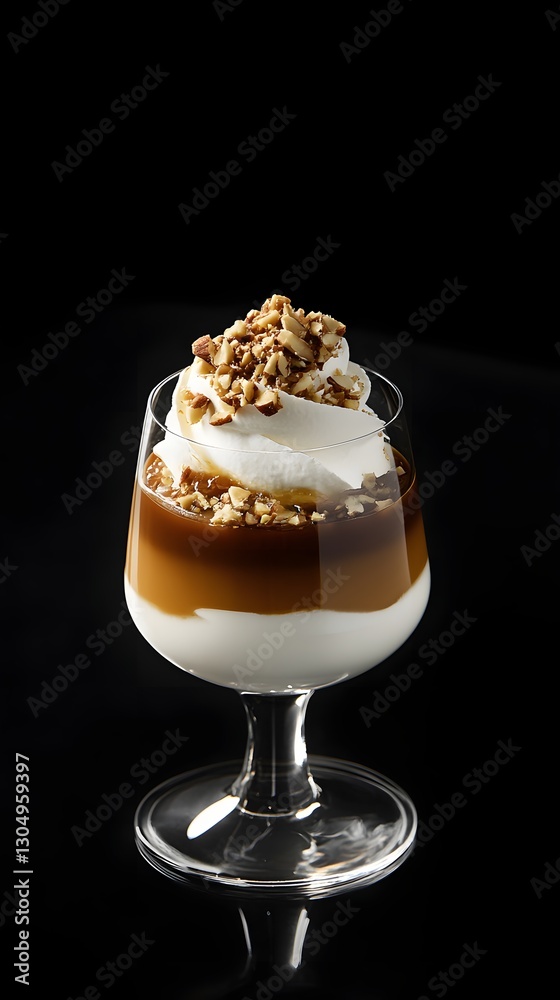 Coffee mousse dessert served in stemmed glass with elegant layers of caramel, mousse and airy whipped cream. Presentation with glossy chocolate coating on rim and nut topping on dark background Coffee mousse dessert served in stemmed glass with elegant layers of caramel, mousse and airy whipped cream. Presentation with glossy chocolate coating on rim and nut topping on dark background