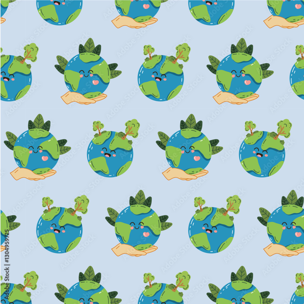 Fototapeta premium Vector seamless pattern of the Earth. A backdrop replicating Earth day, with the sweet smiling planet kawaii. Eco-friendly digital paper with a globe and a forest. Ecological design for wallpaper, tex
