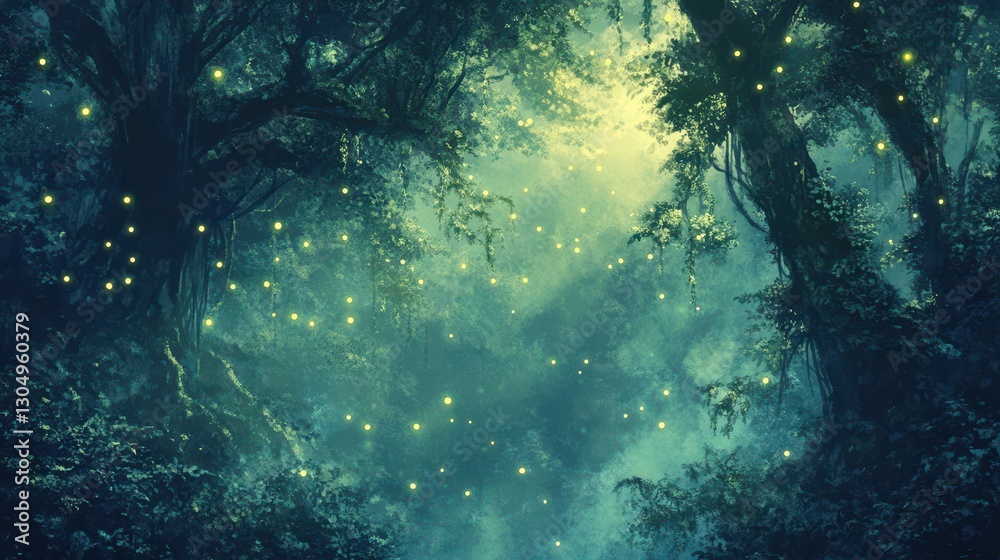 Fototapeta premium Mystical jungle with glowing vines hanging from trees glowing particles drifting in the air under a deep blue mist