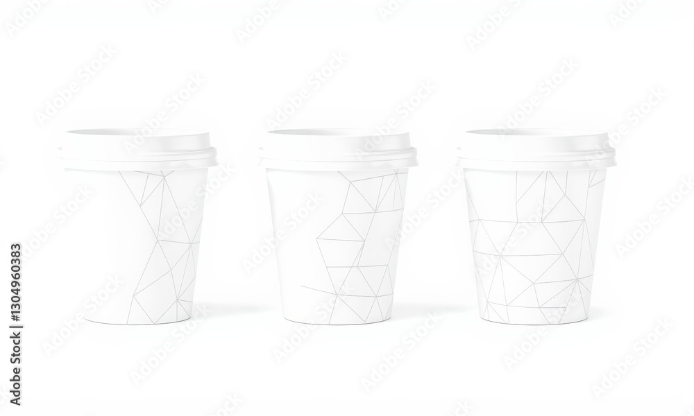 Minimalist coffee cup mockup featuring three white cups with geometric line designs. Perfect for showcasing branding or design concepts in clean, modern style Minimalist coffee cup mockup featuring three white cups with geometric line designs. Perfect for showcasing branding or design concepts in clean, modern style