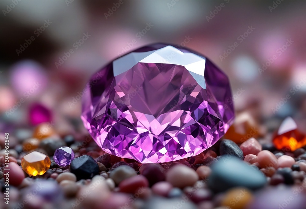 A close-up photograph of an amethyst gemstone surrounded by various small stones. A close-up photograph of an amethyst gemstone surrounded by various small stones.