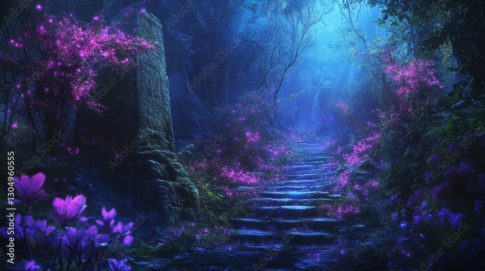 Obraz premium Bioluminescent pathway with sapphire vines and neon flowers in a glowing forest bathed in moonlit mist