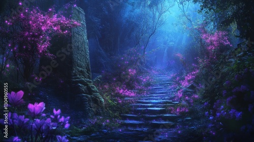 Bioluminescent pathway with sapphire vines and neon flowers in a glowing forest bathed in moonlit mist