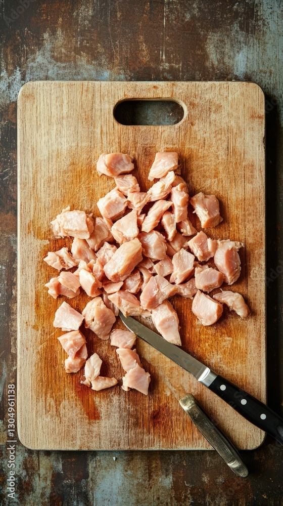 Fototapeta premium Chopped chicken pieces on a wooden cutting board
