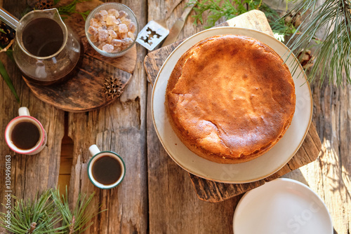 basque cake with coffee. Wooden background. San Sebastian	
