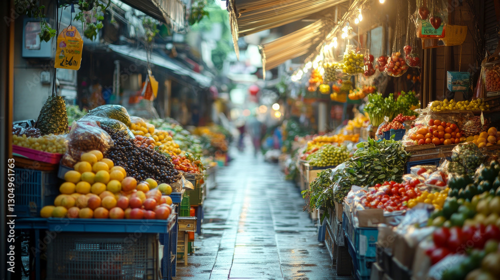 Obraz premium Vibrant market filled with fresh fruits and vegetables