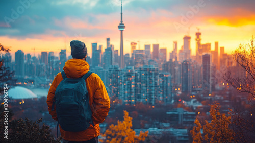Fototapeta Naklejka Na Ścianę i Meble -  person gazes at vibrant city skyline during sunset