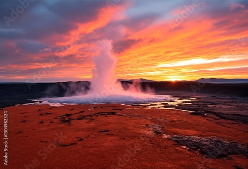a geothermal area with steaming vents and mud pots at sunrise or sunset.