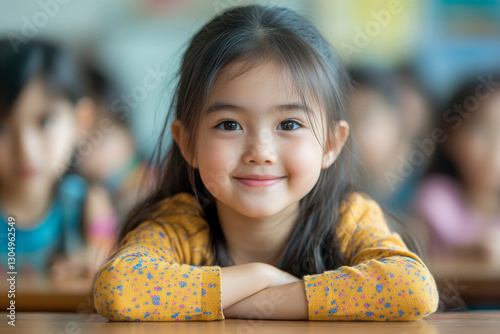 smiling girl in classroom setting, showcasing joy and curiosity