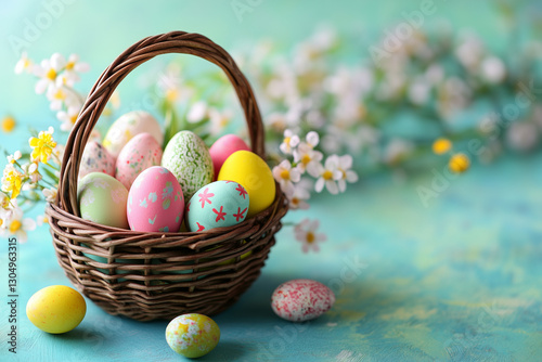 Easter Basket with Colorful Eggs. Colorful Easter eggs in a basket with spring flowers. Ideal for Easter celebrations and spring-themed designs.