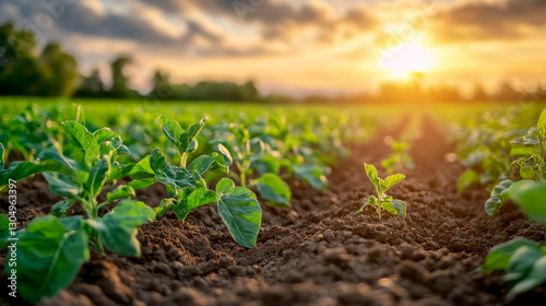 Fresh green plants growing in fertile soil at sunset