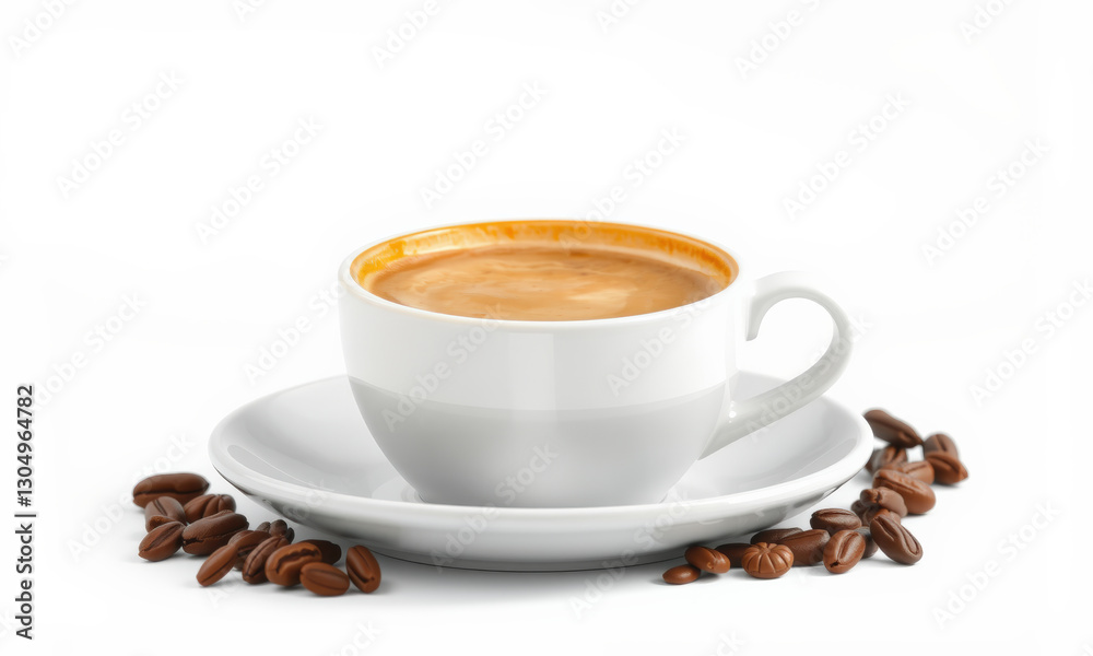 white coffee cup filled with espresso sits on saucer, surrounded by coffee beans, creating warm and inviting atmosphere for coffee lovers white coffee cup filled with espresso sits on saucer, surrounded by coffee beans, creating warm and inviting atmosphere for coffee lovers