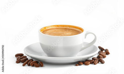 white coffee cup filled with espresso sits on saucer, surrounded by coffee beans, creating warm and inviting atmosphere for coffee lovers