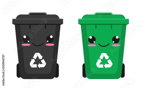Black and green plastic trash cans illustration. Isolated on a white background. Vector illustration in flat style.	
