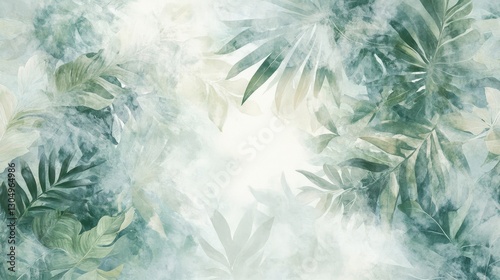 Fototapeta Naklejka Na Ścianę i Meble -  Watercolor-painted jungle leaves and mist creating a dreamy rainforest effect