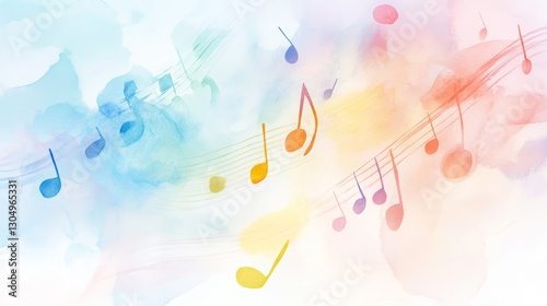 Watercolor background with soft music notes and pastel colors.
