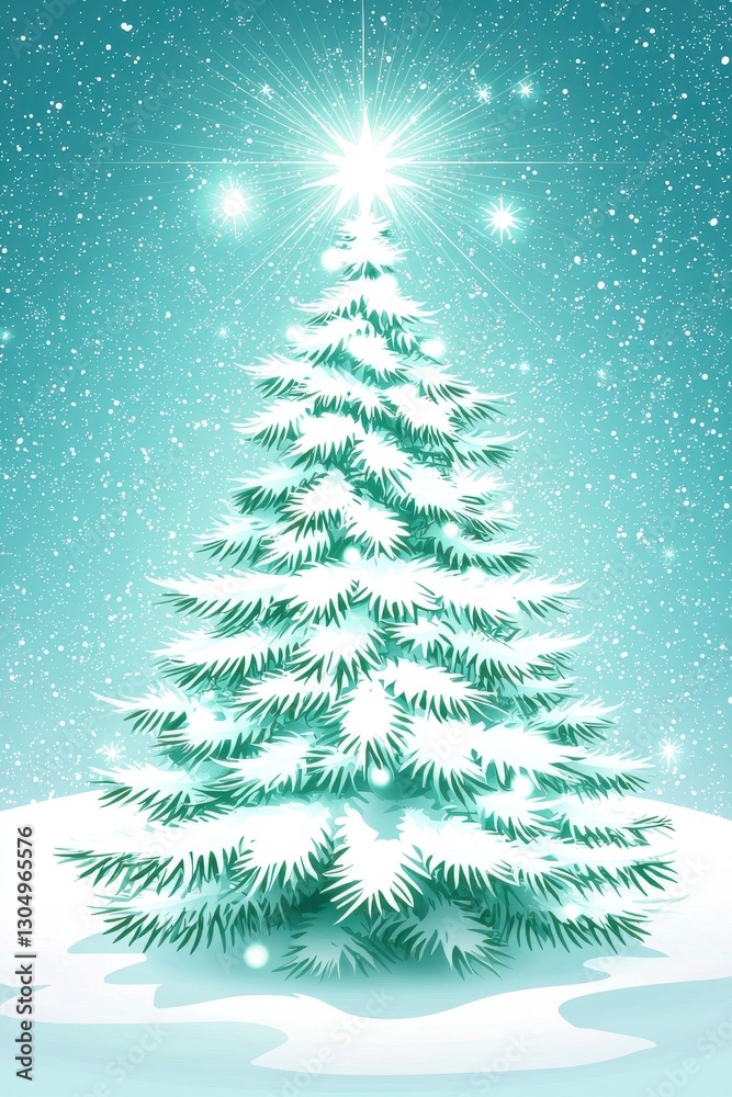 Obraz premium A glowing Christmas tree shines brightly in a snowy landscape, surrounded by falling snowflakes, evoking a festive winter atmosphere.