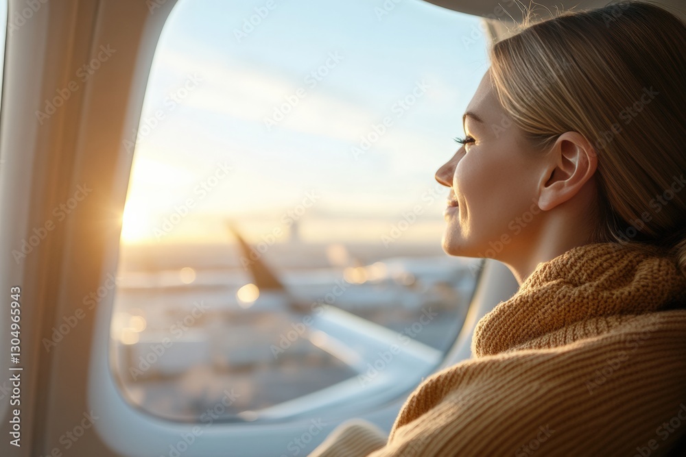 Enjoying a serene sunset flight, experiencing comfort and relaxation. Perfect window seat view for peaceful air travel moments.