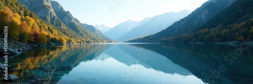 Reflections in the calm water of a mountain reservoir, water