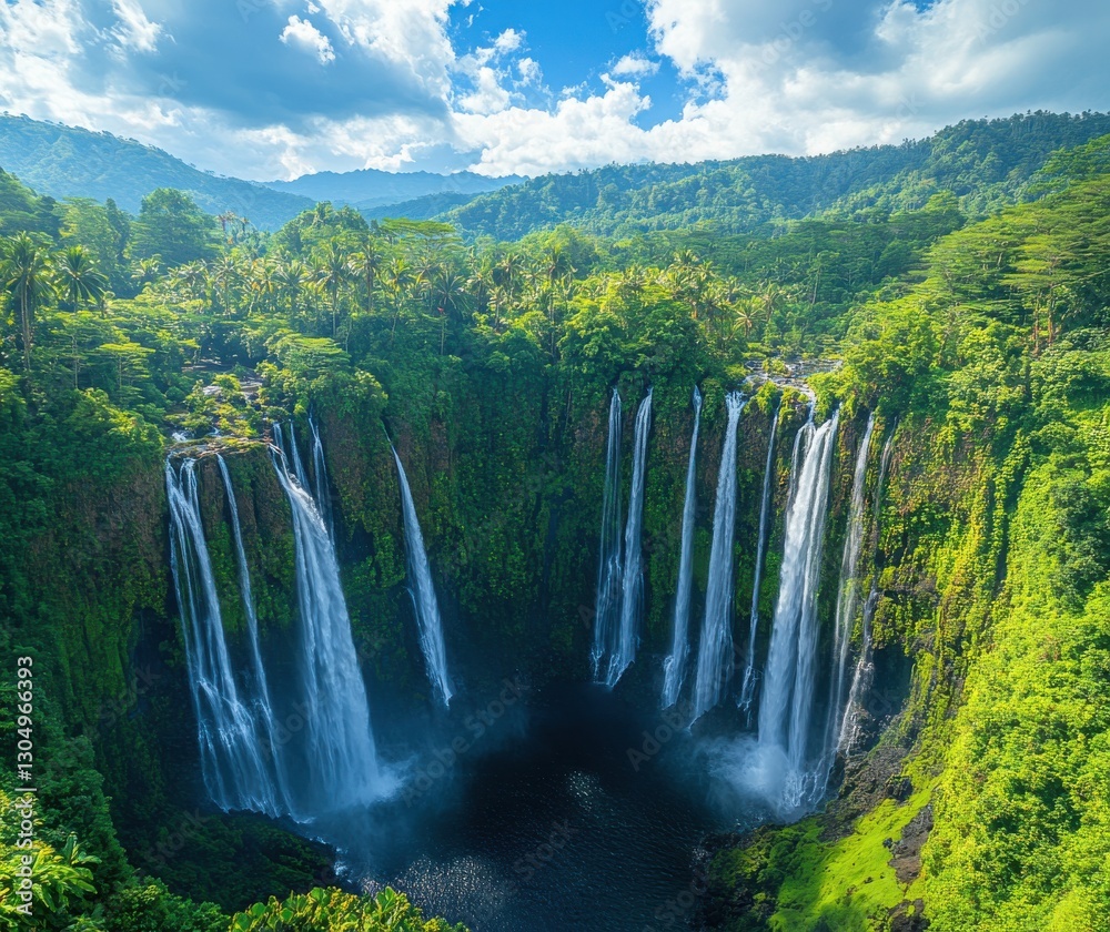 Naklejka premium Majestic Waterfall Surrounded by Lush Greenery and Vibrant Blue Sky in a Tropical Paradise Setting