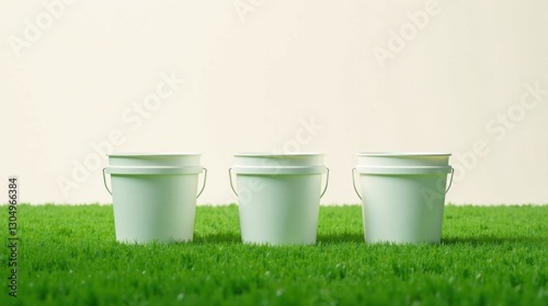Three pristine white buckets sit neatly arranged on a vibrant green lawn, ready for any task.