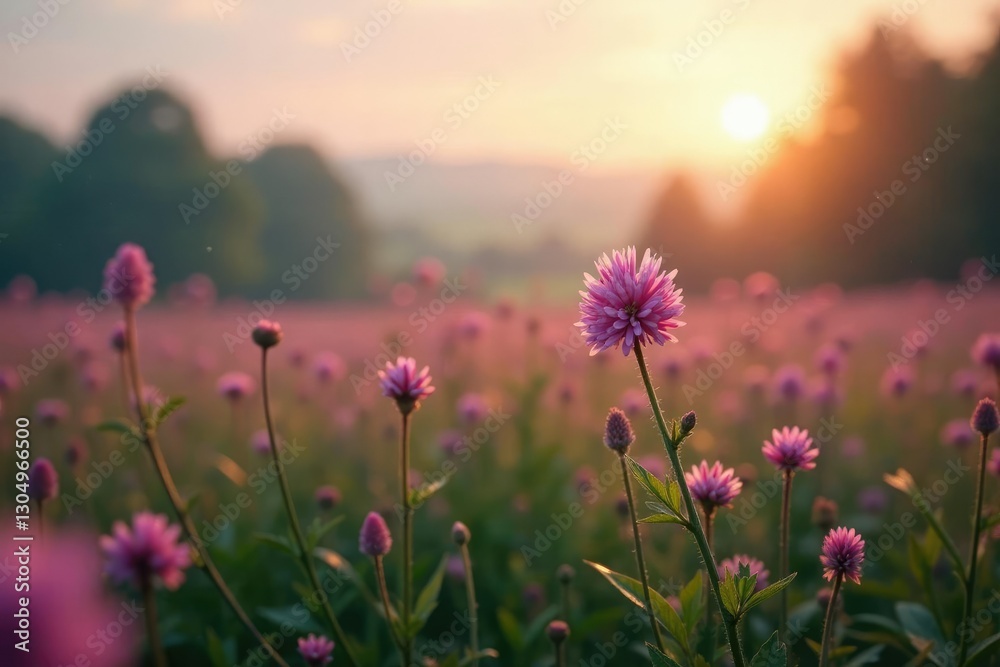 Fototapeta premium Soft pink heather blooms in a wet meadow at dawn, plants, countryside