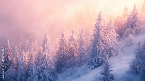 Mountain forest covered in snow with ethereal light filtering through misty treetops