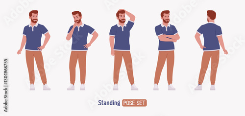 Man, bearded handsome guy casual sporty wear standing pose set. Stylish athletic sportswear polo, jogs for exercise, modern active life, fit adult city activity. Vector flat style cartoon illustration