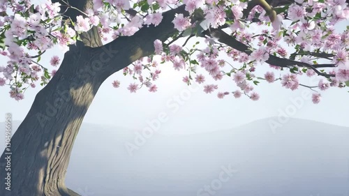 A beautiful cherry tree in full bloom, its tender pink flowers swaying gently in the breeze, set against a soft, dreamy background in a seamless looping 4K animation.